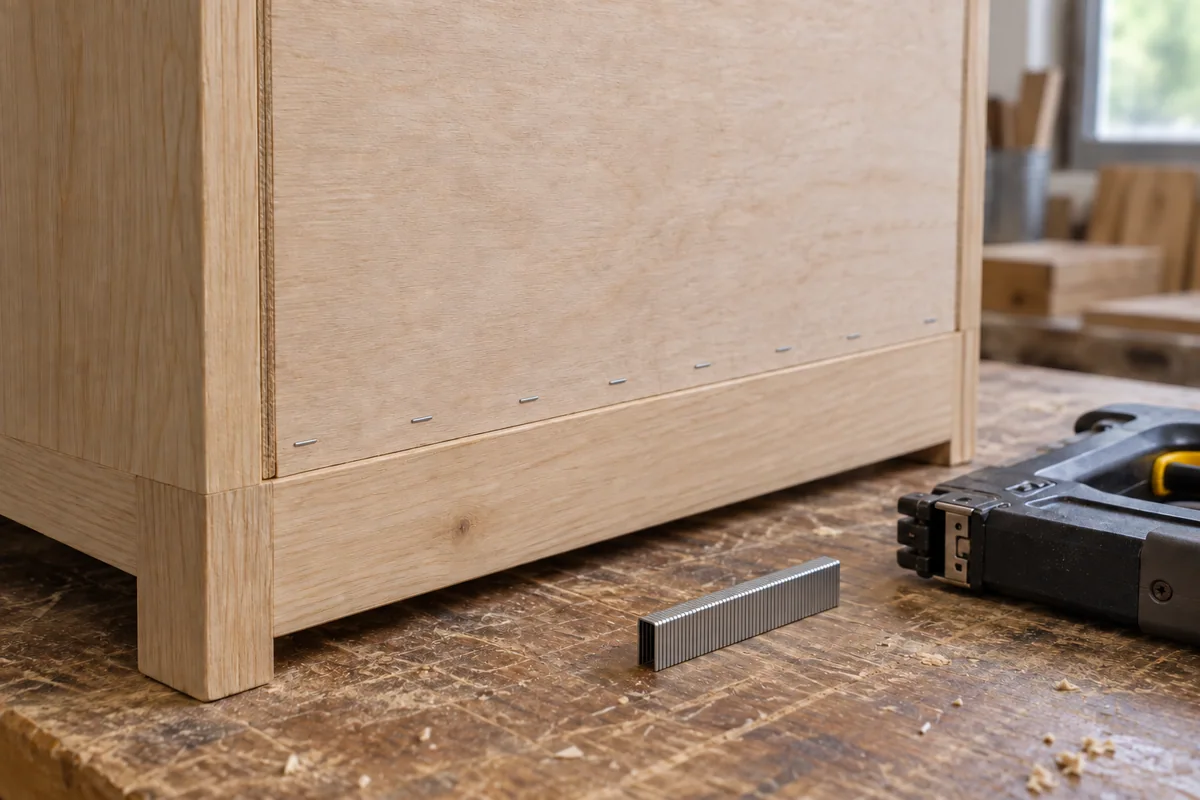 Narrow-crown staples fixing a thin plywood cabinet back to its wooden support rail.