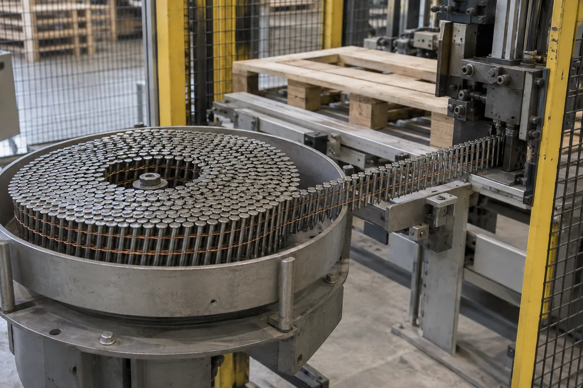 A large wire-collated nail coil on an external carrier beside a guarded pallet-nailing station.