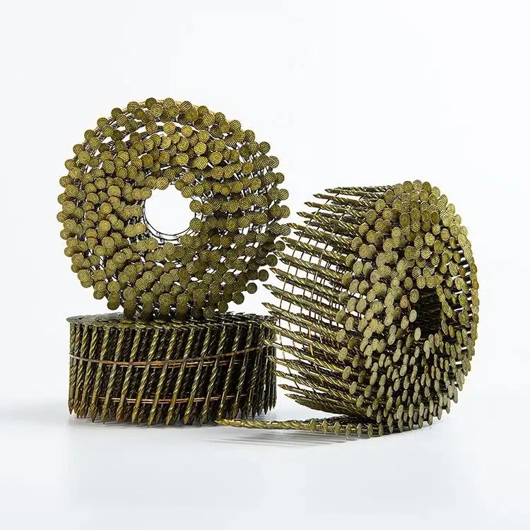 Three gold-colored coils of wire-collated screw-shank nails