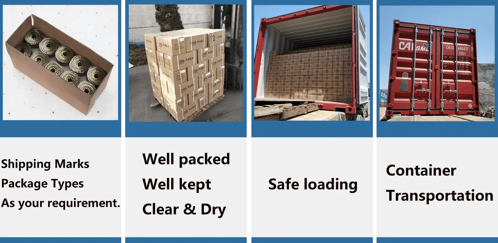 Coil nails in cartons with palletized cartons and container-loading examples