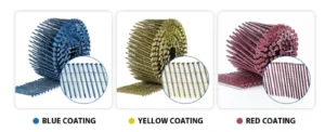 Blue, yellow and red wire-collated nail finishes shown side by side