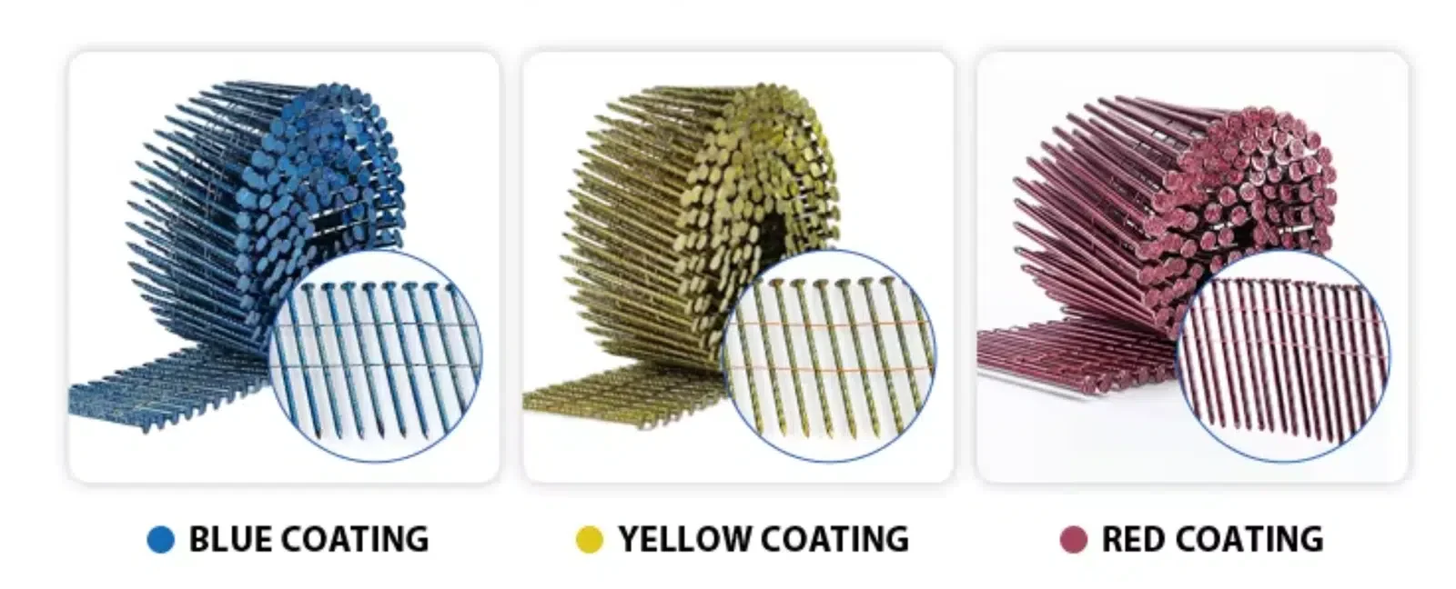 Blue, yellow and red wire-collated nail finishes shown side by side