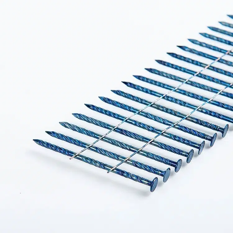 Close view of blue-colored screw-shank nails joined by two wires