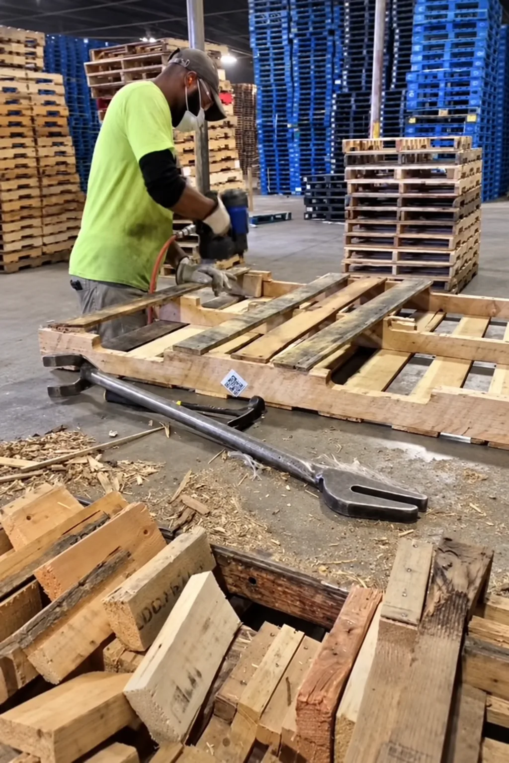 Worker repairing a wooden pallet with a coil nailer, with pallet stacks in the background