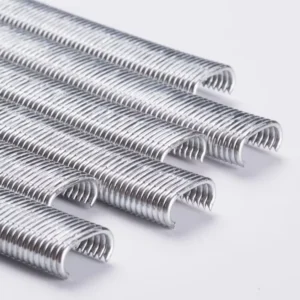 Close view of C-shaped hog-ring strips and their pointed ends
