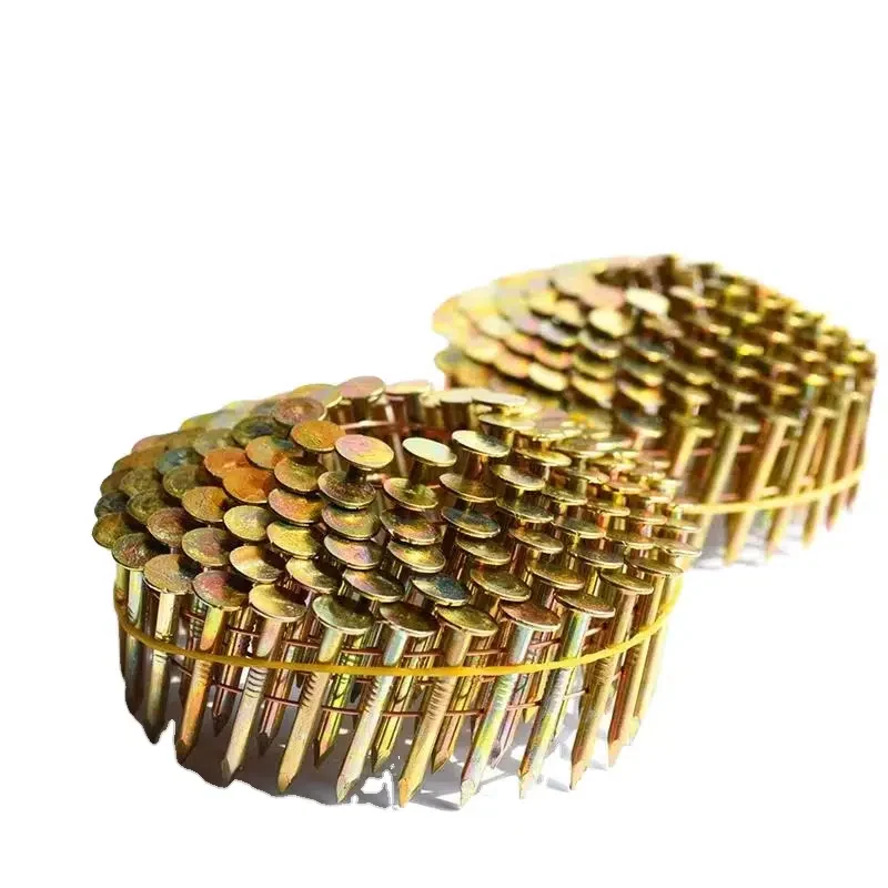 Two coils of gold-colored large-head nails on a white background