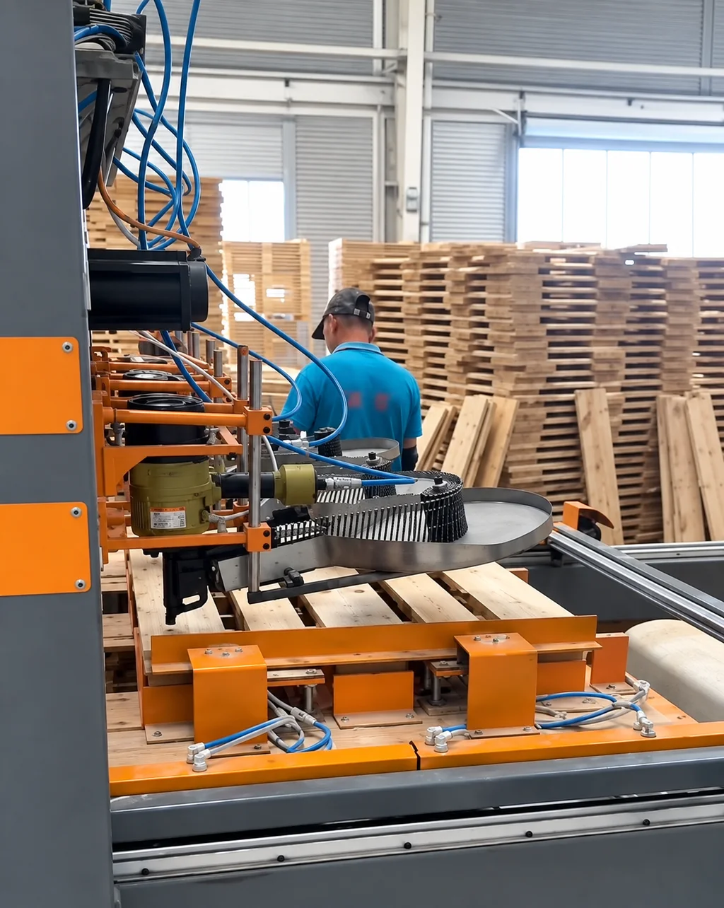 Nail coil on a circular carrier beside a machine-mounted nailer on a pallet line