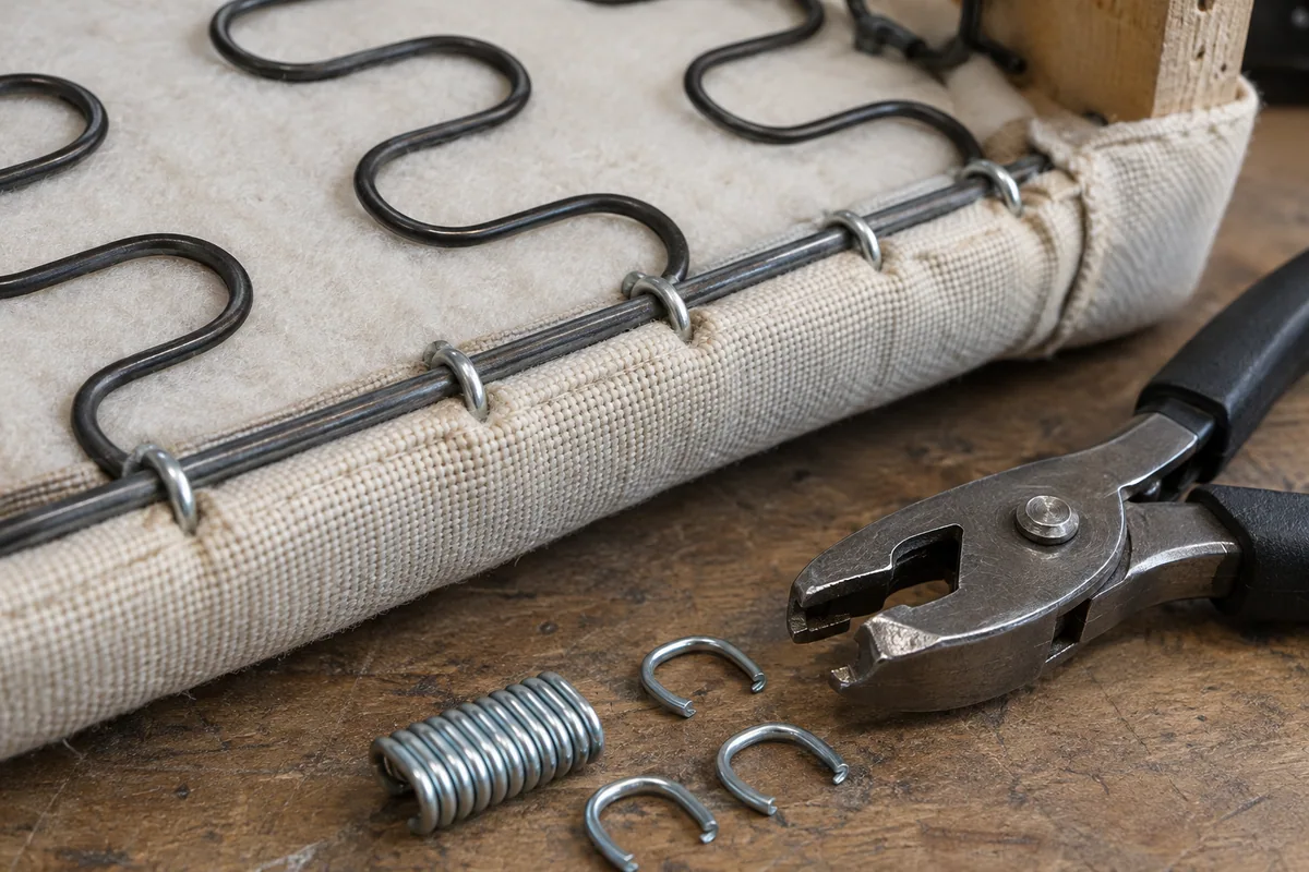 Closed steel hog rings joining a seat-cover listing channel to a support wire.