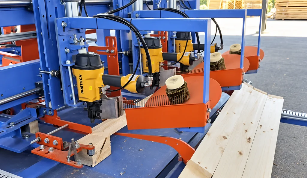 A row of fixed nailing heads with external coil trays on a pallet machine