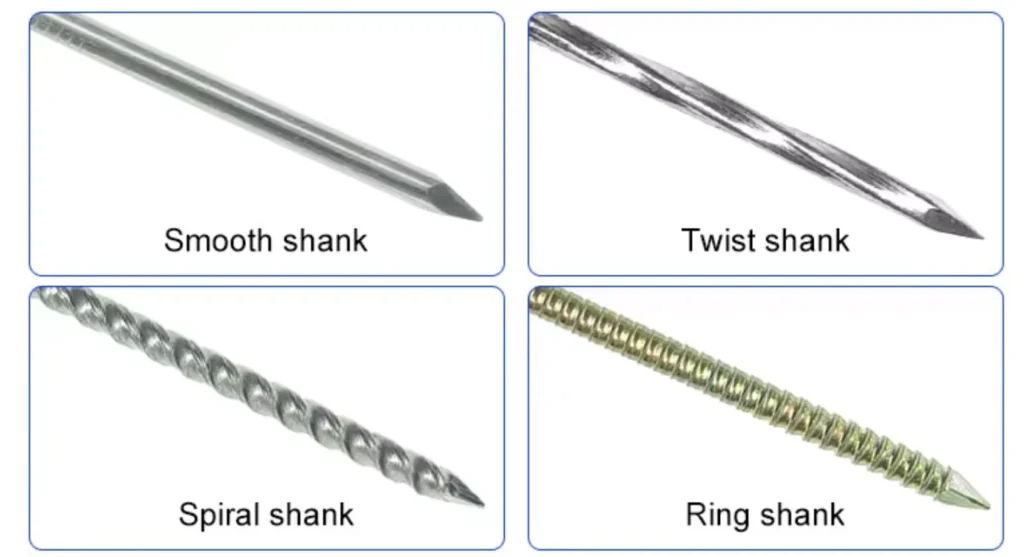Photographic comparison of smooth, twist, spiral and ring umbrella-nail shanks