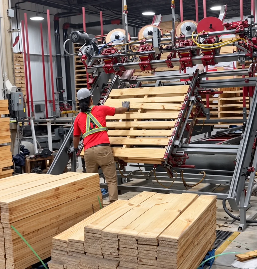 Operator beside a pallet assembly jig with nail reels above and stacked boards in front