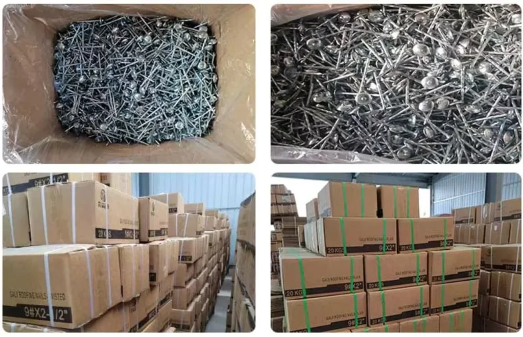 Loose umbrella-head nails in cartons with stacked shipping cartons