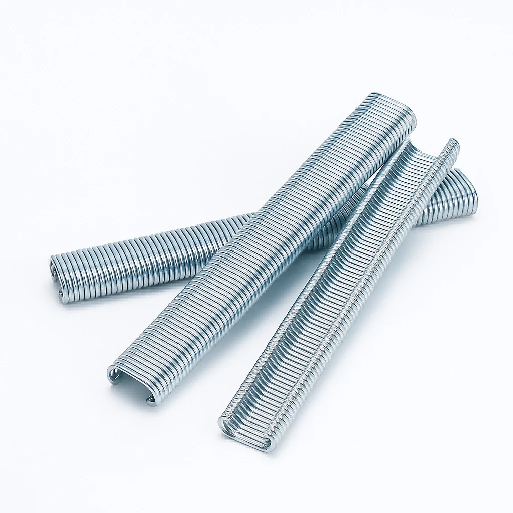 Crossed strips of silver-colored C-shaped hog rings