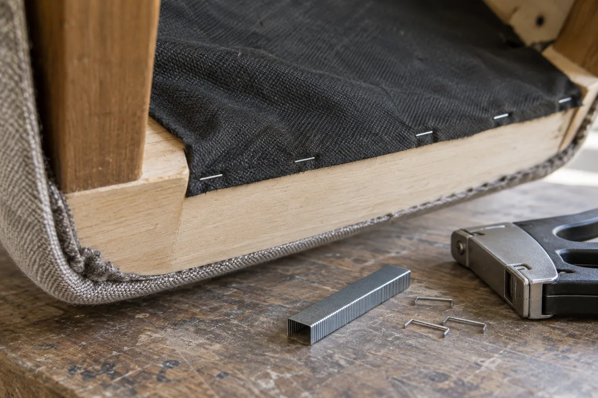 Fine-wire staple crowns securing a thin black dust cover to the underside of a chair rail.