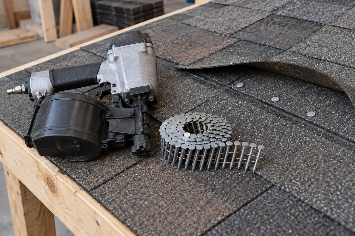 Broad flat roofing-nail heads seated in the fastening area of an asphalt-shingle sample.